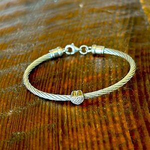 Stainless Steel/ 14K White Gold Dipped Diamond Heart Girls Bangle Bracelet